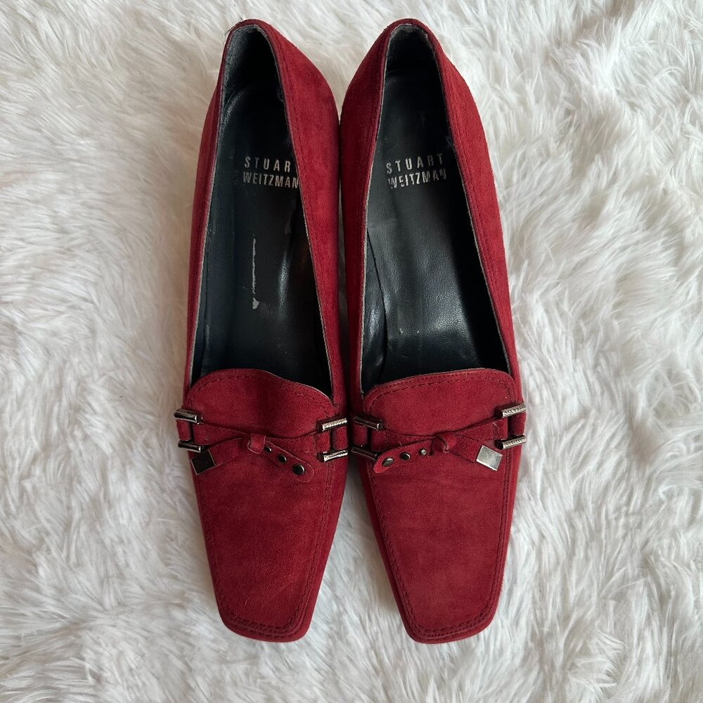 Stuart Weitzman Red Suede Squared Toe Loafer Kitten Heels Size 6 M